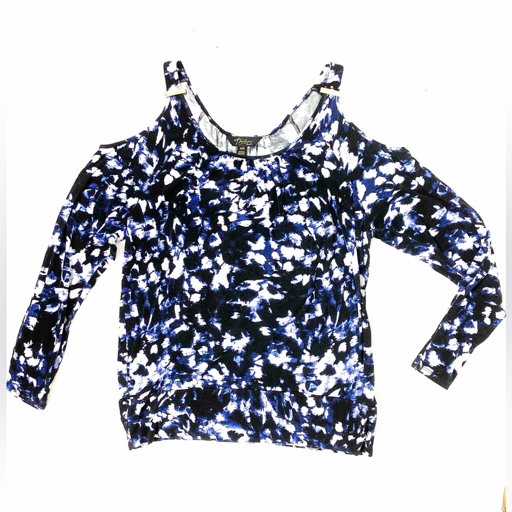 Thalia Sodi Women's Cold Shoulder Blue Print Top with Gold Hrdw Size M